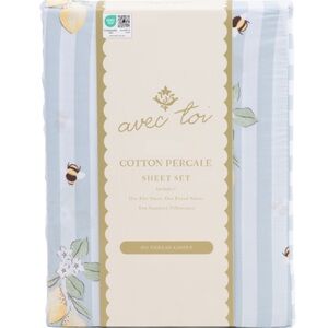 Avec Toi Bees Lemons & Stripes Cotton Percale Queen Sheet Set New